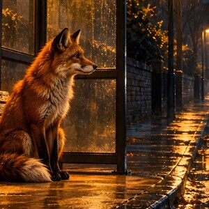 Fox Bus Stop Art Print | Rainy City Night Wall Decor image 3