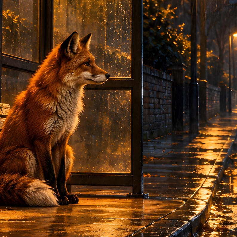 Fox Bus Stop Art Print | Rainy City Night Wall Decor image 3