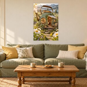 May include: A wall art print featuring a whimsical teapot-shaped house nestled in a lush garden with white daisies. The structure has a round door, glowing interior lights, and a stone path leading to the entrance under a mountain backdrop.