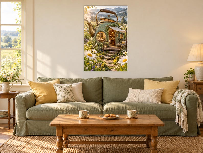 May include: A wall art print featuring a whimsical teapot-shaped house nestled in a lush garden with white daisies. The structure has a round door, glowing interior lights, and a stone path leading to the entrance under a mountain backdrop.