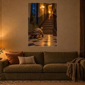 Op de afbeelding: Een ingelijste kunstdruk met een schildpad die over een betegelde vloer naar een houten trap in een zwak verlicht interieur loopt. De sc&egrave;ne bevat warm omgevingslicht, een raam en een houten trapleuning voor een gedetailleerd perspectief.