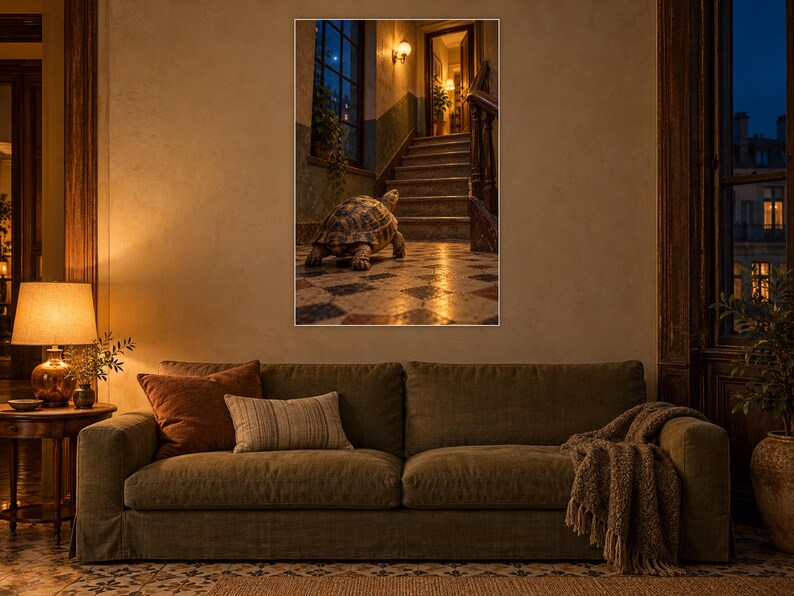 Op de afbeelding: Een ingelijste kunstdruk met een schildpad die over een betegelde vloer naar een houten trap in een zwak verlicht interieur loopt. De sc&egrave;ne bevat warm omgevingslicht, een raam en een houten trapleuning voor een gedetailleerd perspectief.