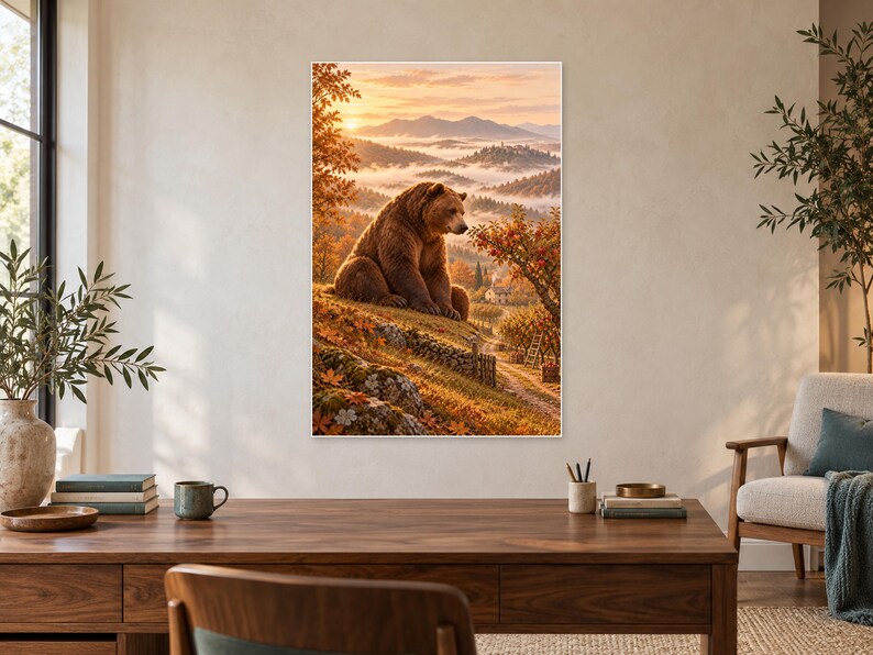 Lámina artística de oso pardo / Decoración de pared de fantasía en un huerto otoñal imagen 2
