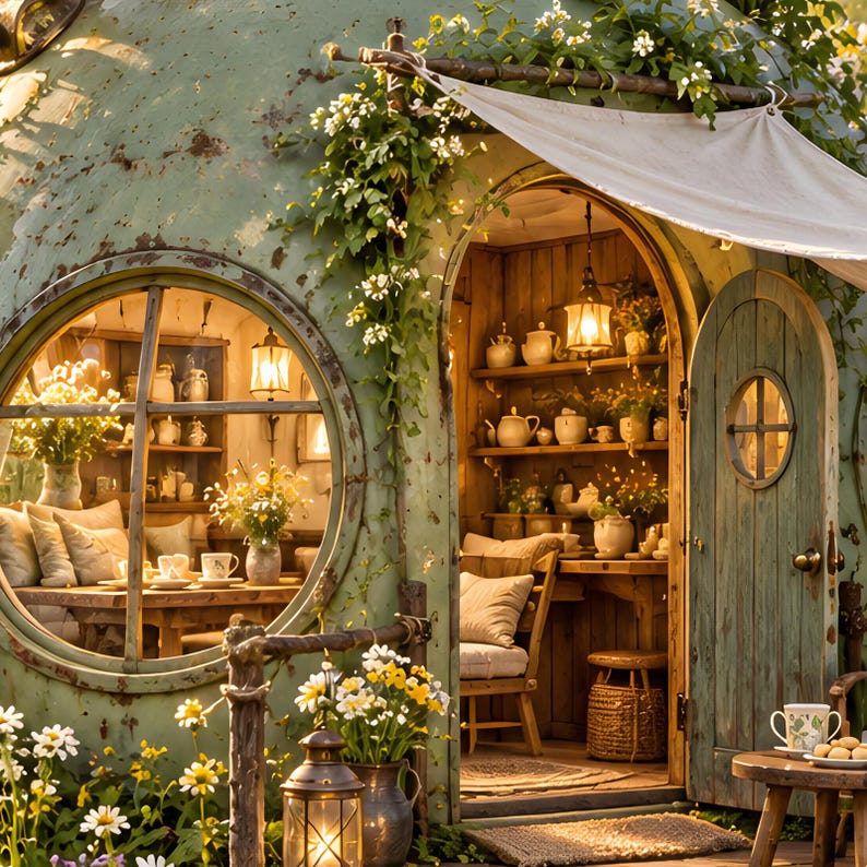 May include: A rounded green structure with a circular window and an arched wooden door. The interior features wooden shelves filled with white ceramic teapots and mugs, a table with seating, and warm lighting. White flowers grow over the exterior.