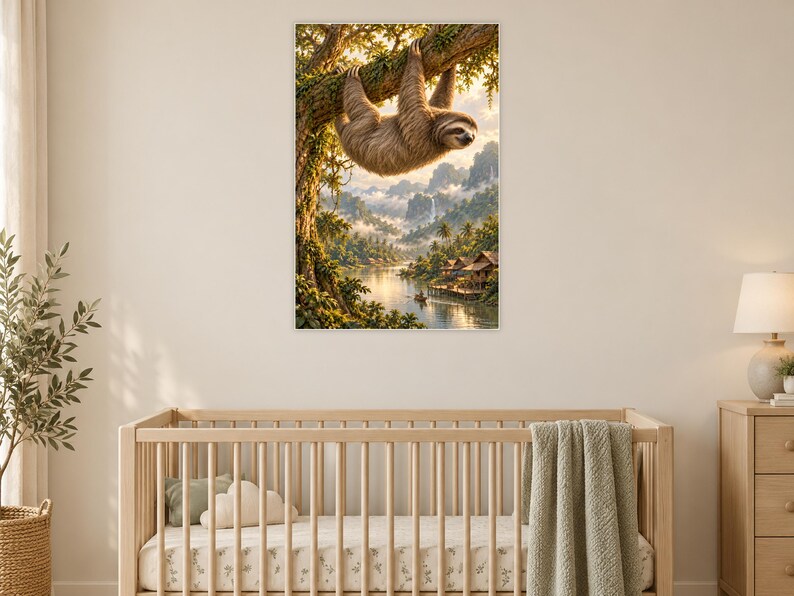Sloth Art Print | Tropical River Village Fantasy Wall Decor image 15