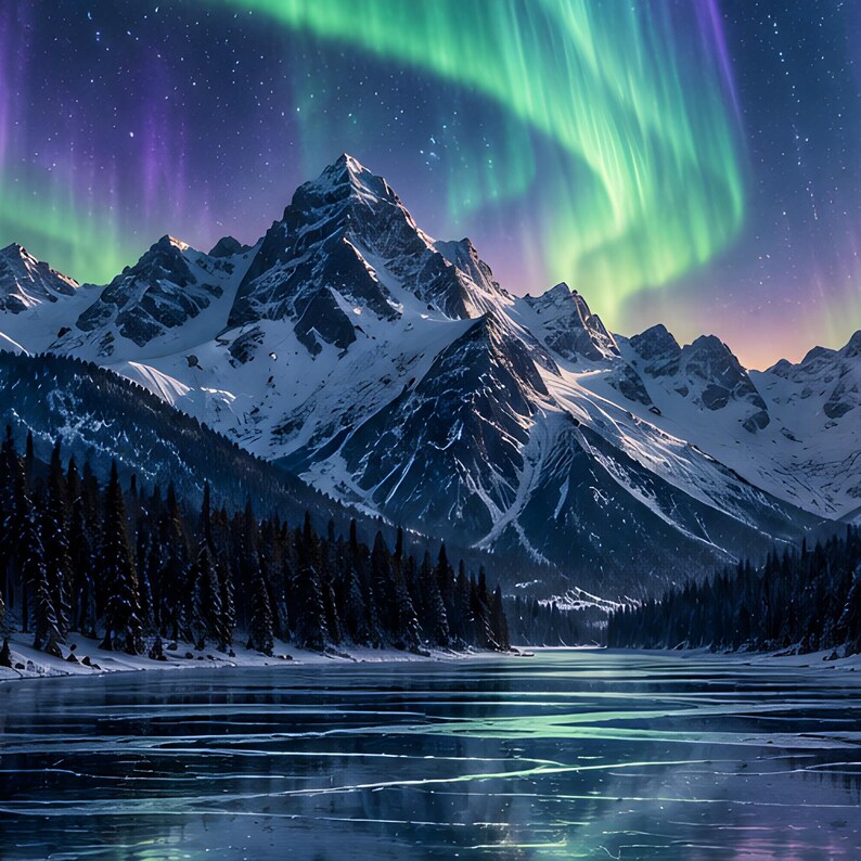 May include: A snow-covered mountain range rises above a frozen lake at night. The dark sky is illuminated by vibrant green and purple aurora borealis lights. A dense forest of dark pine trees lines the shore, reflecting in the icy water.