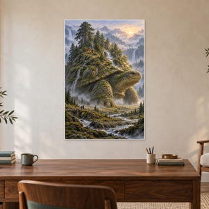 May include: A vertical wall art print featuring a giant turtle with a forest, pine trees, and cascading waterfalls on its shell. The scene includes a misty mountain landscape, a flowing river, and a sunrise in the background, all rendered in earthy green, brown, and blue tones.