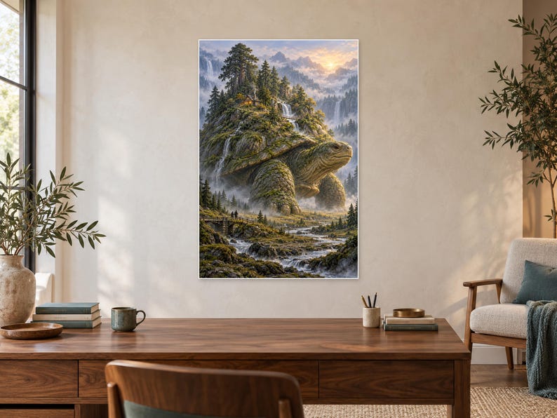 May include: A vertical wall art print featuring a giant turtle with a forest, pine trees, and cascading waterfalls on its shell. The scene includes a misty mountain landscape, a flowing river, and a sunrise in the background, all rendered in earthy green, brown, and blue tones.