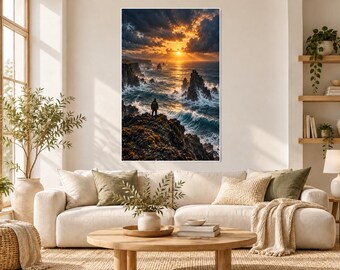 Volcanic Coast Sunset Print | Dramatic Ocean Seascape Poster | Epic Wanderlust Wall Art
