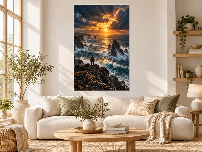 Op de afbeelding: Een ingelijste wandkunstprint met een eenzame figuur die op een donkere, grillige klif staat en uitkijkt over een turbulente oceaan bij zonsondergang. De lucht is gevuld met dramatische, goudkleurige wolken en golven.