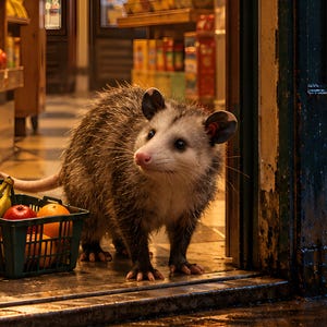 Peut inclure: Un opossum de Virginie au pelage gris et blanc r&ecirc;che, au museau rose pointu et aux oreilles sombres, se tient pr&egrave;s d'un panier en plastique vert rempli de produits frais, dont une banane jaune, une pomme rouge et des agrumes orange.