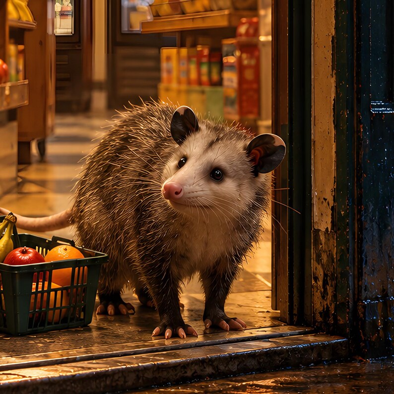 Peut inclure: Un opossum de Virginie au pelage gris et blanc r&ecirc;che, au museau rose pointu et aux oreilles sombres, se tient pr&egrave;s d'un panier en plastique vert rempli de produits frais, dont une banane jaune, une pomme rouge et des agrumes orange.