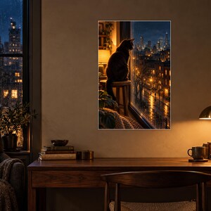 Black Cat Window Art Print | Rainy City Skyline Wall Decor image 2