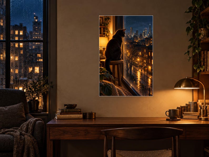Black Cat Window Art Print | Rainy City Skyline Wall Decor image 2