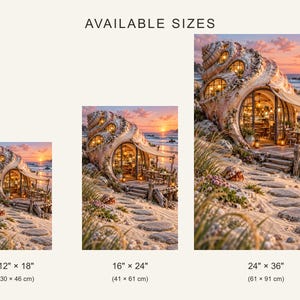 Op de afbeelding: Drie wandkunstprints met een huis in de vorm van een schelp op een strand bij zonsondergang, met de tekst AVAILABLE SIZES en de afmetingen 30 x 46 cm, 41 x 61 cm en 61 x 91 cm onder elke bijbehorende print.