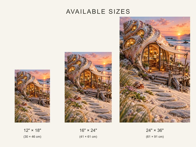 Op de afbeelding: Drie wandkunstprints met een huis in de vorm van een schelp op een strand bij zonsondergang, met de tekst AVAILABLE SIZES en de afmetingen 30 x 46 cm, 41 x 61 cm en 61 x 91 cm onder elke bijbehorende print.