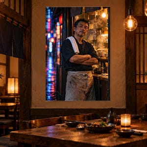 May include: A framed wall art print depicting a chef with arms crossed, wearing a dark shirt and a stained white apron, standing in a kitchen doorway. The background shows a blurred street scene with blue and red neon lights at night.