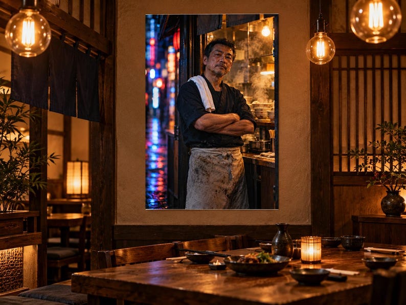 May include: A framed wall art print depicting a chef with arms crossed, wearing a dark shirt and a stained white apron, standing in a kitchen doorway. The background shows a blurred street scene with blue and red neon lights at night.