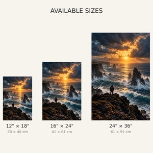 Op de afbeelding: Drie verticale wandkunstprints tonen een zonsondergang boven een rotsachtige kustlijn met een persoon op een klif. De prints zijn gelabeld AVAILABLE SIZES met afmetingen van 30 x 46 cm, 41 x 61 cm en 61 x 91 cm onder elke afbeelding.