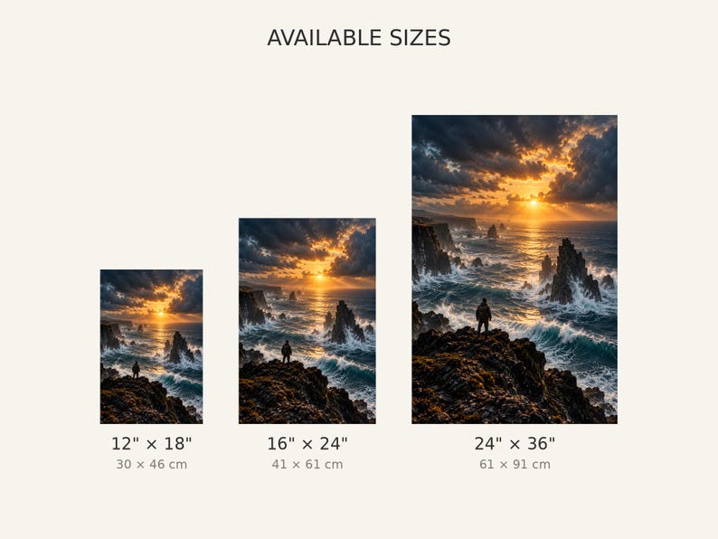 Op de afbeelding: Drie verticale wandkunstprints tonen een zonsondergang boven een rotsachtige kustlijn met een persoon op een klif. De prints zijn gelabeld AVAILABLE SIZES met afmetingen van 30 x 46 cm, 41 x 61 cm en 61 x 91 cm onder elke afbeelding.