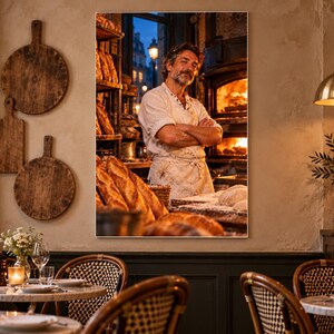 Op de afbeelding: Een ingelijste wandkunstprint met een bakker met gekruiste armen, gekleed in een wit schort en overhemd, in een bakkerij met schappen vol brood en een brandende oven. Aan de muur hangen rustieke houten snijplanken als decoratie.