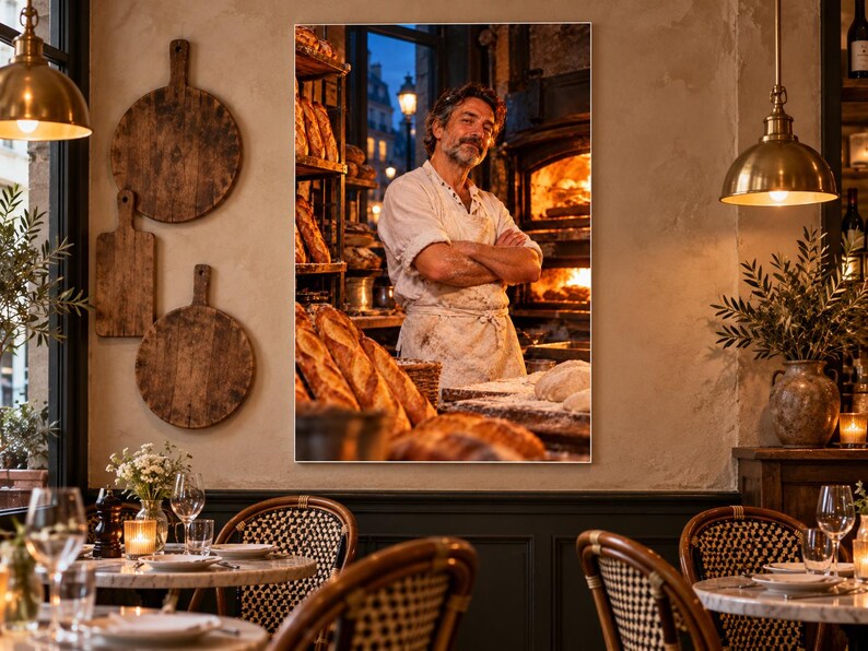 Op de afbeelding: Een ingelijste wandkunstprint met een bakker met gekruiste armen, gekleed in een wit schort en overhemd, in een bakkerij met schappen vol brood en een brandende oven. Aan de muur hangen rustieke houten snijplanken als decoratie.