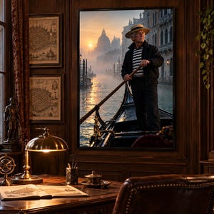 Framed Venetian Gondolier Print | Black Framed Wall Art | Venice Italy Portrait imagen 1