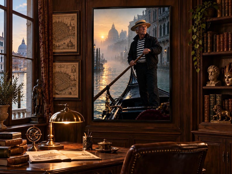 Framed Venetian Gondolier Print | Black Framed Wall Art | Venice Italy Portrait imagen 1