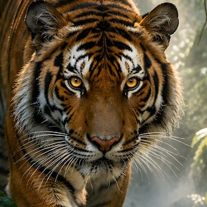 Puede incluir: Un tigre con pelaje naranja, negro y blanco, con ojos color &aacute;mbar penetrantes, un patr&oacute;n detallado de rayas negras en la cara y largos bigotes blancos, capturado en un retrato directo de frente con una expresi&oacute;n concentrada.