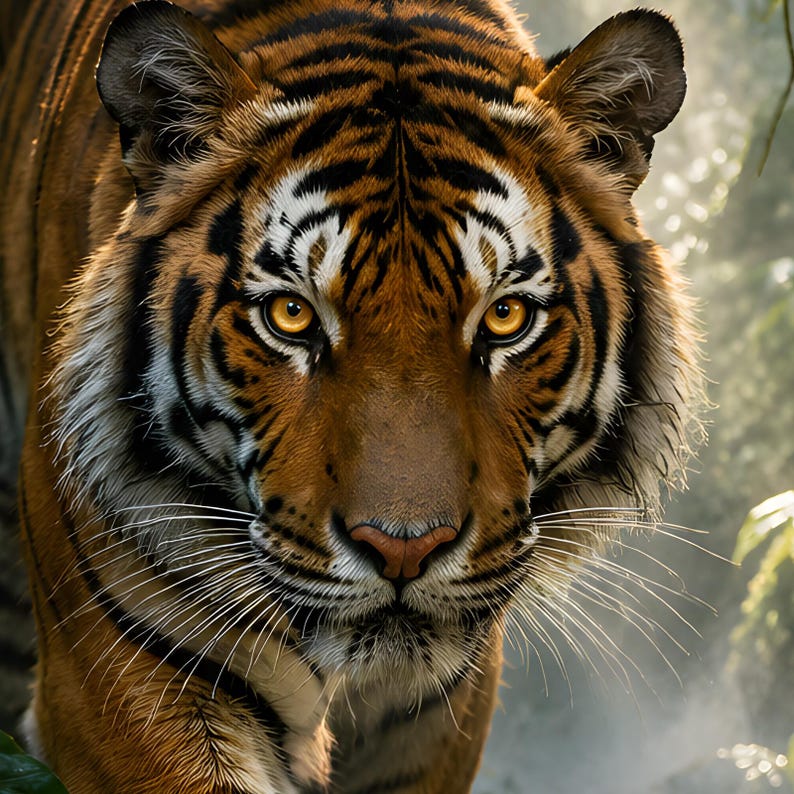 Puede incluir: Un tigre con pelaje naranja, negro y blanco, con ojos color &aacute;mbar penetrantes, un patr&oacute;n detallado de rayas negras en la cara y largos bigotes blancos, capturado en un retrato directo de frente con una expresi&oacute;n concentrada.