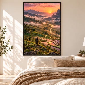 Framed Rice Terraces Print | Asian Landscape Wall Art | Vietnam Green Terraces Poster image 1