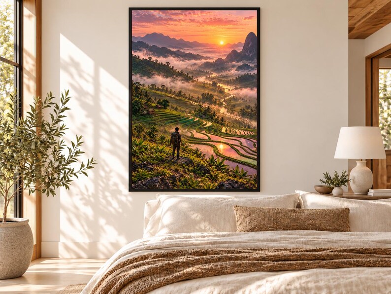 Framed Rice Terraces Print | Asian Landscape Wall Art | Vietnam Green Terraces Poster image 1