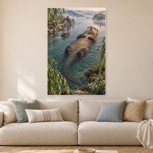 Pu&ograve; includere: Una grande lontra marrone galleggia sulla schiena in un fiume calmo, con una piccola barca nelle vicinanze e un paesaggio montuoso nebbioso sullo sfondo. La scena &egrave; incorniciata da rami di salice verdi lungo la riva.
