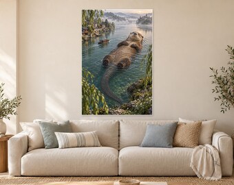 Floating Otter Art Print | Misty River Town Fantasy Wall Decor
