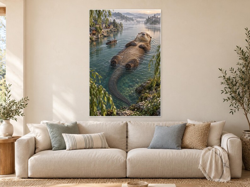 Pu&ograve; includere: Una grande lontra marrone galleggia sulla schiena in un fiume calmo, con una piccola barca nelle vicinanze e un paesaggio montuoso nebbioso sullo sfondo. La scena &egrave; incorniciata da rami di salice verdi lungo la riva.