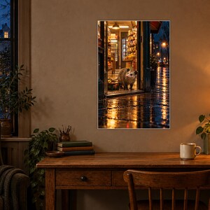 Peut inclure: Une impression d'art mural verticale repr&eacute;sentant un opossum debout &agrave; l'entr&eacute;e d'une &eacute;picerie lumineuse la nuit. Le trottoir mouill&eacute; &agrave; l'ext&eacute;rieur refl&egrave;te les lumi&egrave;res dor&eacute;es chaudes de l'int&eacute;rieur et les tons bleus du soir.