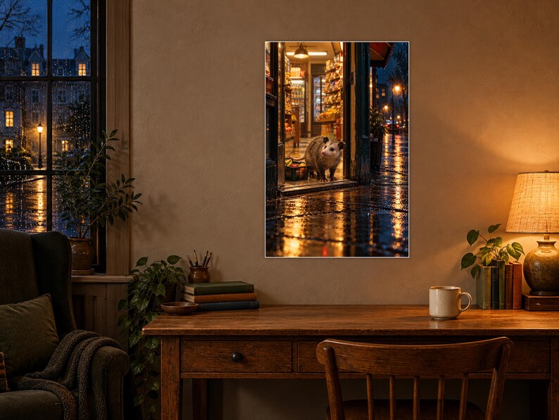 Peut inclure: Une impression d'art mural verticale repr&eacute;sentant un opossum debout &agrave; l'entr&eacute;e d'une &eacute;picerie lumineuse la nuit. Le trottoir mouill&eacute; &agrave; l'ext&eacute;rieur refl&egrave;te les lumi&egrave;res dor&eacute;es chaudes de l'int&eacute;rieur et les tons bleus du soir.