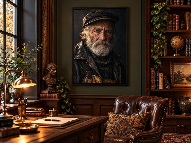 Framed Fisherman Portrait Print | Cinematic Character Wall Art | Dark Academia Poster afbeelding 1