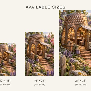 May include: Three prints of a thimble-shaped house surrounded by flowers, labeled AVAILABLE SIZES. Sizes are 12" x 18" (30 x 46 cm), 16" x 24" (41 x 61 cm), and 24" x 36" (61 x 91 cm). The house features a textured roof and interior lighting.