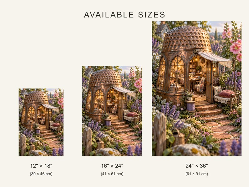 May include: Three prints of a thimble-shaped house surrounded by flowers, labeled AVAILABLE SIZES. Sizes are 12" x 18" (30 x 46 cm), 16" x 24" (41 x 61 cm), and 24" x 36" (61 x 91 cm). The house features a textured roof and interior lighting.