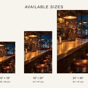 May include: Three prints of a diner scene featuring a great horned owl perched on a counter, with text reading AVAILABLE SIZES and dimensions 12" x 18", 16" x 24", and 24" x 36" displayed below each corresponding image.