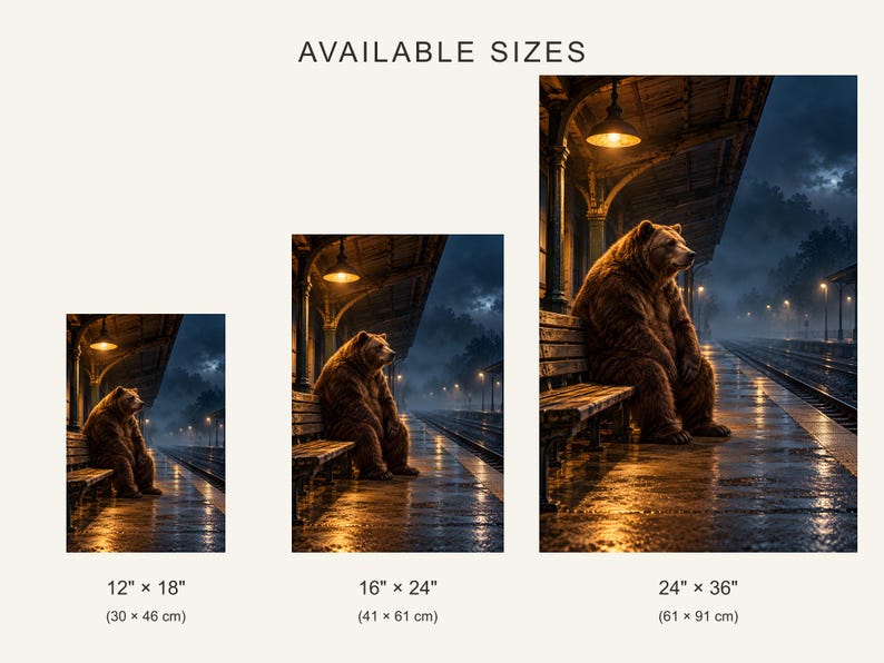 Bear Train Station Art Print | Misty Night Railway Wall Decor image 4