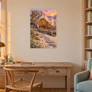 Op de afbeelding: Een rechthoekige wandkunstprint met een fantasiewoning in de vorm van een grote schelp op een zandstrand bij zonsondergang. De structuur heeft verlichte ramen, een houten terras en een stenen pad dat naar de ingang leidt.