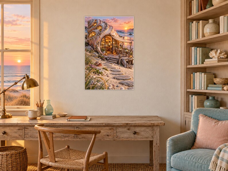 Op de afbeelding: Een rechthoekige wandkunstprint met een fantasiewoning in de vorm van een grote schelp op een zandstrand bij zonsondergang. De structuur heeft verlichte ramen, een houten terras en een stenen pad dat naar de ingang leidt.