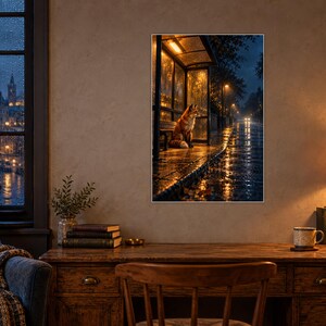 Fox Bus Stop Art Print | Rainy City Night Wall Decor image 2