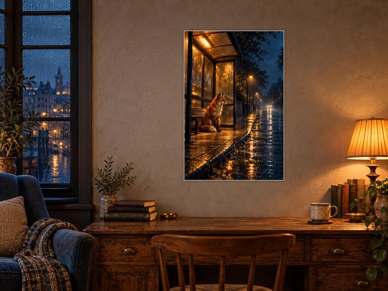 Fox Bus Stop Art Print | Rainy City Night Wall Decor image 2
