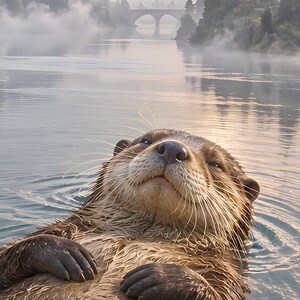 Pu&ograve; includere: Una lontra di fiume marrone galleggia sulla schiena in acqua calma, con la testa inclinata verso l'alto e gli occhi socchiusi. La lontra ha una pelliccia umida e strutturata, lunghi baffi bianchi e zampe scure appoggiate sul petto. Un fiume nebbioso con un ponte in pietra in lontananza.