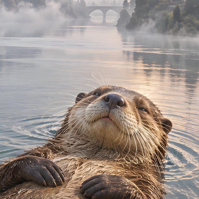 Pu&ograve; includere: Una lontra di fiume marrone galleggia sulla schiena in acqua calma, con la testa inclinata verso l'alto e gli occhi socchiusi. La lontra ha una pelliccia umida e strutturata, lunghi baffi bianchi e zampe scure appoggiate sul petto. Un fiume nebbioso con un ponte in pietra in lontananza.