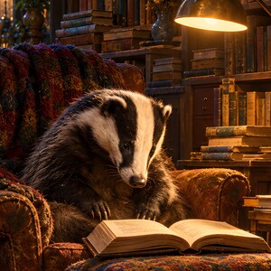 アナグマが読書をしているアートプリント | 居心地の良い本屋の図書館の壁飾り 画像 3
