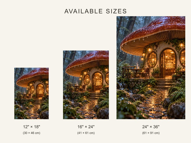 Kunstdruck „Mushroom Cafe“ | Wanddeko im Cottagecore-Stil mit regnerischem Waldmotiv Bild 4